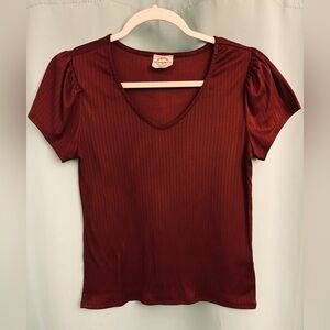 One Step Ahead Red Ribbed V-Neck Blouse
